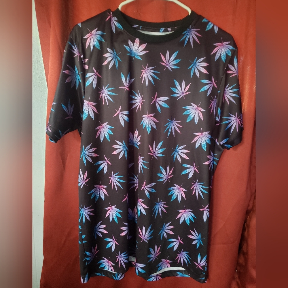 Black Shirt with Pink and Blue Marijauna Leaf Pattern,silky material